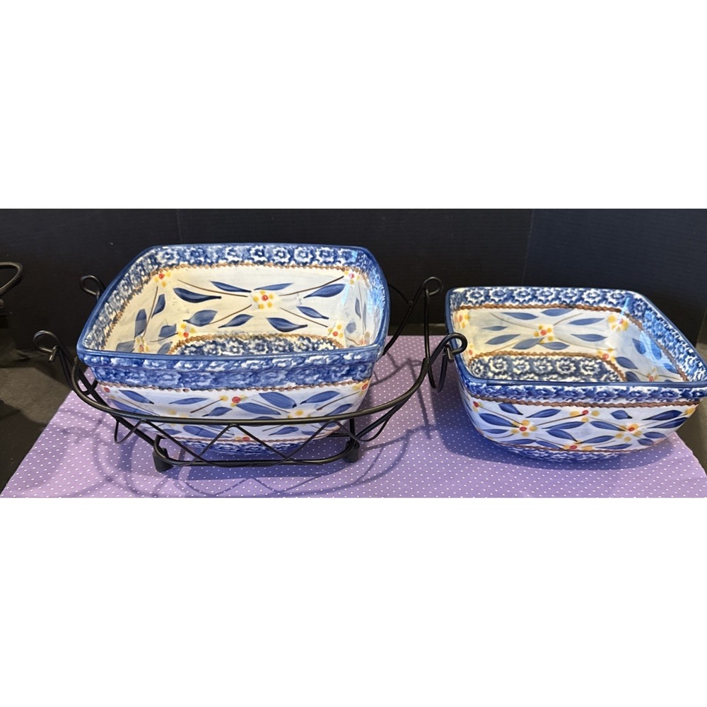 Temptations Old World Blue Floral 2 Square Serving Nesting‎ Bowls Metal Stand